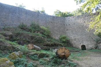 Předhradí, vysoká hradba s výpadní brankou na jižní straně (© Jan Večeřa, 08/2015)