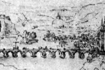pohled od severu na kresbě R. Saveryho, kol. r. 1615 ( © Luboš Hlaváček: Kosmografie Václava Hollara, Řešení prostoru v krajinářské kresbě českého baroku a jeho vývojové předpoklady i souvislosti, Umění XV/6, Academia, Praha 1967)