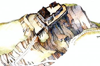 hrádek od severovýchodu v závěru 14. století (© Šimeček, Pavel a Plaček, Miroslav. Copuli lapidum III = Hromady kamení III: hrady a hrádky v povodí Dyje a Jevišovky. Vyd. 1. V Brně: Národní památkový ústav, územní odborné pracoviště v Brně, 2008)