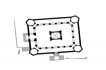 půdorys kostela ( © Karel Hostaš, Ferdinand Vaněk: Soupis památek historických a uměleckých v Království Českém, sv. 12 Politický okres Sušický, Archaelogická komise při České akademii císaře Františka Josefa pro vědy, slovesnost a umění, Praha 1900)