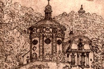 kaple v původním umístění s drobným letohrádkem po boku, Vincenc Morstadt, kresba tužkou, 1871 (© Vincenc Morstadt, 1871 (in Bečková, Kateřina: Letohrádky, libosady a výletní místa. 2. díl, Pravý břeh Vltavy, Paseka, Praha 2019))