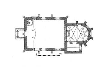 půdorys kostela (© Jan Sommer: Gotická sanktusová věž kostela v Křtěnově, Zprávy památkové péče LVI, č.1-2, Státní ústav památkové péče, Praha 1996)