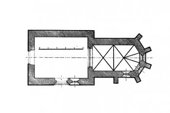 půdorys kostela (© Josef Soukup: Soupis památek historických a uměleckých v Království Českém, sv. 33 Politický okres písecký, Archaelogická komise při České akademii císaře Františka Josefa pro vědy, slovesnost a umění, Praha 1910)