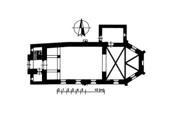 půdorys kostela ( © Lavička, Roman. Pozdně gotické kostely na rožmberském panství. Národní památkový ústav, územní odborné pracoviště v Českých Budějovicích, České Budějovice 2013)