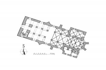 půdorys kostela (©  Lavička, Roman. Pozdně gotické kostely na rožmberském panství. Národní památkový ústav, územní odborné pracoviště v Českých Budějovicích, České Budějovice 2013)