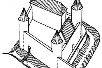Pokus o rekonstrukci podoby hradu ve 14. století ( © M. Plaček (Ilustrovaná encyklopedie moravských hradů, hrádků a tvrzí, Libri, Praha 2001))