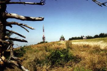 Vrchol Radhoště s kaplí a vysílačem z přístupové cesty od Pusteven (© Jiří Cukr, 08/2001)