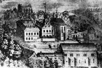klášter od východu roku 1678 narytině neznámého autora (© Milada Vilímková: Nové archivní doklady ke stavbě kláštera a kostela sv. Markéty v Břevnově, Umění XXII/2, Academia, Praha 1974)