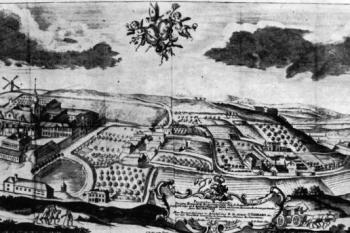 pohled od jihu r. 1721, rytina J. Fischera podle kresby K. I. Dienzenhofera (© Milada Vilímková: Nové archivní doklady ke stavbě kláštera a kostela sv. Markéty v Břevnově, Umění XXII/2, Academia, Praha 1974)