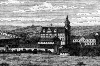 klášter dosud oprostřed přírody, rytina cca 1880 (© Johannes Zeschick: Benediktini a benediktinky v Čechách a na Moravě, Benediktinské arciopatství sv. Vojtěcha a sv. Markéty, Praha 2007)