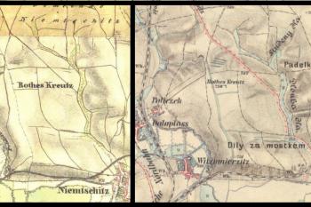 Výřez map - 1/ 1764-1768 2/ 1836-1852 3/ 1876-1878 4/ 2022 (© Oldmaps a Mapy.cz)