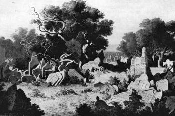 Starý židovský hřbitov, litografie (© Max Haushofer, c 1845 (in Arno Pařík: Starý židovský hřbitov v Praze v díle českých krajinářů 19. století, Umění, roč. 32, č. 6, Academia, Praha 1984))