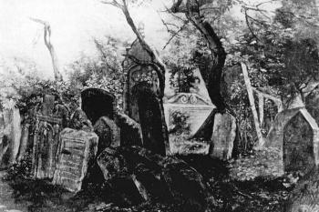náhrobek Meira Fischla u Pinkasovy synagogoy (© Bedřich Wachsmann, olej, 1847 (in Arno Pařík: Starý židovský hřbitov v Praze v díle českých krajinářů 19. století, Umění, roč. 32, č. 6, Academia, Praha 1984))