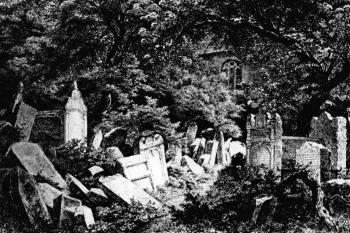 náhrobky při cestě k Pinkasově synagoze (© Bedřich Havránek, lept, 1858 (in Arno Pařík: Starý židovský hřbitov v Praze v díle českých krajinářů 19. století, Umění, roč. 32, č. 6, Academia, Praha 1984))