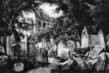 náhrobky při cestě k Pinkasově synagoze (© Bedřich Havránek, olej, 1861 (in Arno Pařík: Starý židovský hřbitov v Praze v díle českých krajinářů 19. století, Umění, roč. 32, č. 6, Academia, Praha 1984))