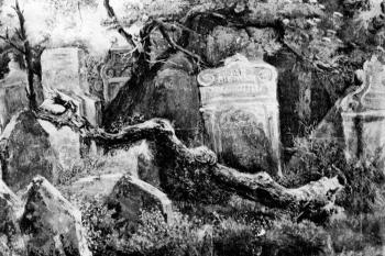 motiv z okraje Starého židovského hřbitova (© Matyáš Wehli, 1855 (in Arno Pařík: Starý židovský hřbitov v Praze v díle českých krajinářů 19. století, Umění, roč. 32, č. 6, Academia, Praha 1984))