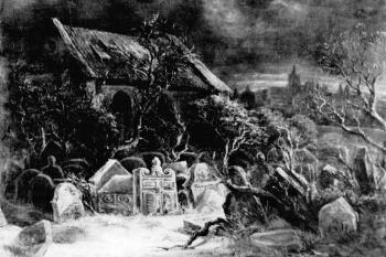Pinkasova synagoga za soumraku (© Matyáš Wehli, c1865 (in Arno Pařík: Starý židovský hřbitov v Praze v díle českých krajinářů 19. století, Umění, roč. 32, č. 6, Academia, Praha 1984))
