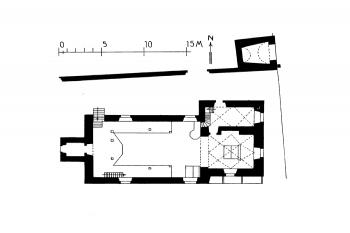 půdorys kostela  (© Anton Gnirs: Soupis památek historických a uměleckých v Království Českém, sv. 43 Politický okres loketský, Německá společnost věd a umění pro ČSR v Praze, Praha 1927)