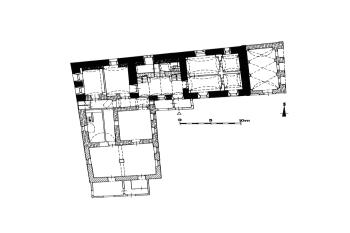 půdorys tvrze/zámku (© Kašička, František a Nechvátal, Bořivoj: Hrady, hrádky a tvrze na Strakonicku, Blatensku a Vodňansku. Muzeum středního Pootaví, Strakonice 2014)