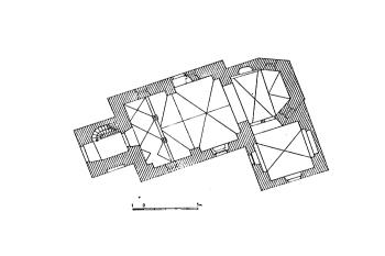 půdorys kostela (© Emanuel Poche: Soupis památek historických a uměleckých v Království Českém, sv. 48 Politický okres královédvorský, Archaelogická komise při České akademii věd a umění, Praha 1937)