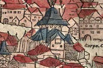Detail kaple Božího Těla a Krve z takzvaného Vratislavského prospektu, dřevořez, (© Michael Peterle z Annaberku, Praha 1562, Biblioteka Uniwersytetu Wrocławskiego, sig. 4858-A)