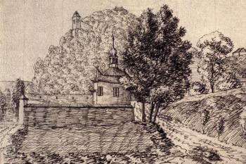 kaple kolem r. 1805 (© anon, kresba tuší (fotorepro Bečková, Kateřina. Letohrádky, libosady a výletní místa. 2. díl, Pravý břeh Vltavy. Vydání první. V Praze: Paseka, 2019. 143 stran. Zmizelá Praha. ISBN 978-80-7432-982-1.))