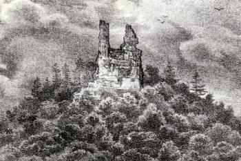 hrad na výřezu z veduty A. F. Kunikeho (© Kristýna Bařinová (ed.): Krajina starých sídel - katalog výstavy, Vědecká knihovna v Olomouci, Olomouc 2015)