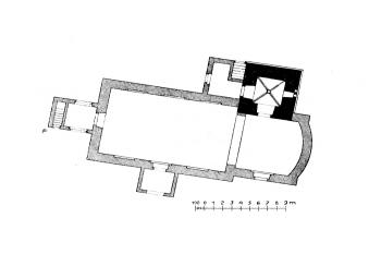 půdorys kostela (© Antonín Cechner: Soupis památek historických a uměleckých v Království Českém, sv. 19 Politický okres královéhradecký, Archaelogická komise při České akademii císaře Františka Josefa pro vědy, slovesnost a umění, Praha 1904)