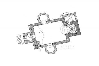 půdorys kostela (© Karel Kibic ml., Vojtěch Vaněk: Středověká venkovská sakrální architektura na Kutnohorsku, Vlastivědná knihovnička SPS, sv. 19, Společnost přátel starožitností a Unicornis, Praha 2012)