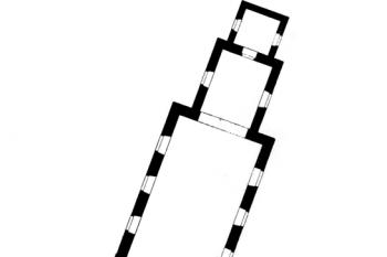 půdorys kostela (© Antonín Cechner: Soupis památek historických a uměleckých v Království Českém, sv. 19 Politický okres královéhradecký, Archaelogická komise při České akademii císaře Františka Josefa pro vědy, slovesnost a umění, Praha 1904)
