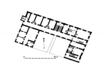 půdorys přízemí podle plánu z r. 1812 (© Kovář, Daniel: Tvrze, hrady a zámky Českobudějovicka, Historicko-vlastivědný spolek v Českých Budějovicích, České Budějovice 2011)