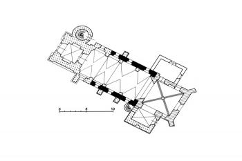 půdorys kostela (© Samek, Bohumil, ed. a Dolejší, Kateřina, ed.: Umělecké památky Moravy a Slezska. 3, O/P. Academia, Praha 2021)