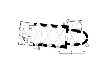 půdorys kostela (© Samek, Bohumil, ed. a Dolejší, Kateřina, ed.: Umělecké památky Moravy a Slezska. 3, O/P. Academia, Praha 2021)