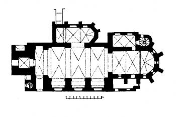 půdorys kostela (© Josef Novák: Soupis památek historických a uměleckých v Království Českém, sv. 14 Politický okres jindřicho-hradecký, Archaelogická komise při České akademii císaře Františka Josefa pro vědy, slovesnost a umění, Praha 1901)