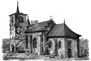 kostel od jihovýchodu v polovině 19. století (© František Beneš: Brozany v Litoměřicku, Památky archeologické 5, Muzeum království českého, Praha 1863)