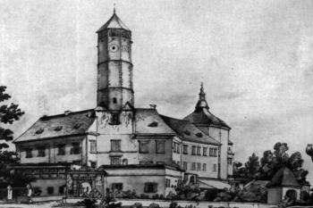 zámek na akvarelu Fr. Biely, 1844 (© Ivo Hlobil: Zur Renaissance in Tovačov während der Aera Ctibors Tovačovský von Cimburk, Umění XXII/2, Academia, Praha 1974)