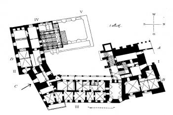 půdorys prvního patra (jádro zámku) (© A. Prokop, Die Markgrafschaft Mähren in kunstgeschichtlicher Beziehung 3, Wien, 1904.)