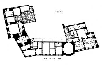 půdorys druhého patra (jádro zámku) (© A. Prokop, Die Markgrafschaft Mähren in kunstgeschichtlicher Beziehung 3, Wien, 1904.)