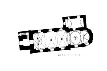 půdorys kostela (© Antonín Cechner: Soupis památek historických a uměleckých v Království Českém, sv. 31 Politický okres novopacký, Archaelogická komise při České akademii císaře Františka Josefa pro vědy, slovesnost a umění, Praha 1909)