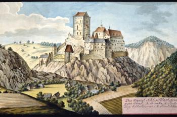 Karlštejn na obr. I.A.Venuta z roku 1814 (© Ing. Karel Kubín, 09/2017)