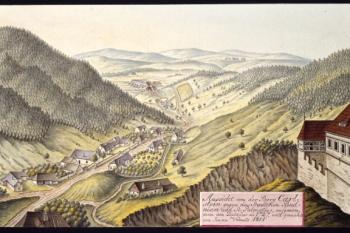 Městečko Karlštejn na obr. I.A.Venuta z roku 1814 (© Ing. Karel Kubín, 09/2017)