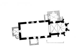 půdorys kostela (© F. Vaněk, K. Hostaš, F. A. Borovský: Soupis památek historických a uměleckých v Království Českém, sv. 07 Politický okres klatovský, Archaelogická komise při České akademii císaře Františka Josefa pro vědy, slovesnost a umění, Praha 1899)