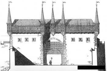  rekonstrukce pravděpodobné podoby brány s předbraním a padacím mostem podle F. Kašičky (2012) (Kašička, F. 2012 via https://praha.aiscr.cz/p/194)