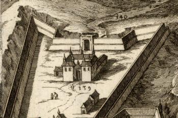 Špička na pohledu na Prahu od jihu od Folperta van Ouden Allen (výřez) (Folpert van Ouden Allen, 1685)