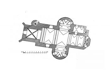 půdorys kostela (© Bohumil Matějka, Josef Štěpánek, Zdeněk Wirth: Soupis památek historických a uměleckých v Království Českém, sv. 29 Politický okres litomyšlský, Archaelogická komise při České akademii císaře Františka Josefa pro vědy, slovesnost a umění, Praha 1908)