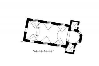 půdorys kostela (© Antonín Cechner: Soupis památek historických a uměleckých v Království Českém, sv. 31 Politický okres novopacký, Archaelogická komise při České akademii císaře Františka Josefa pro vědy, slovesnost a umění, Praha 1909)