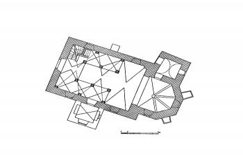 půdorys kostela (© Emanuel Poche: Soupis památek historických a uměleckých v Království Českém, sv. 48 Politický okres královédvorský, Archaelogická komise při České akademii věd a umění, Praha 1937)