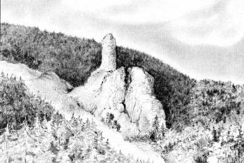 Romanticky idealizovaný pohled na hrad Koberštejn od severovýchodu na kresbě R. Vojkovského ( © R. Vojkovský: Putujeme po hradech a zámcích - Koberštejn, Beatris, Dobrá 2006)