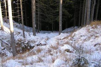 Pohled na severovýchodní ukončení mohutného šíjového příkopu do svahu (© Jan P. Štěpánek, 12/2006)