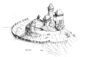 rekonstrukce možné podoby hradu Koberštejn v polovině 14. století ( © Jan P. Štěpánek 2007)